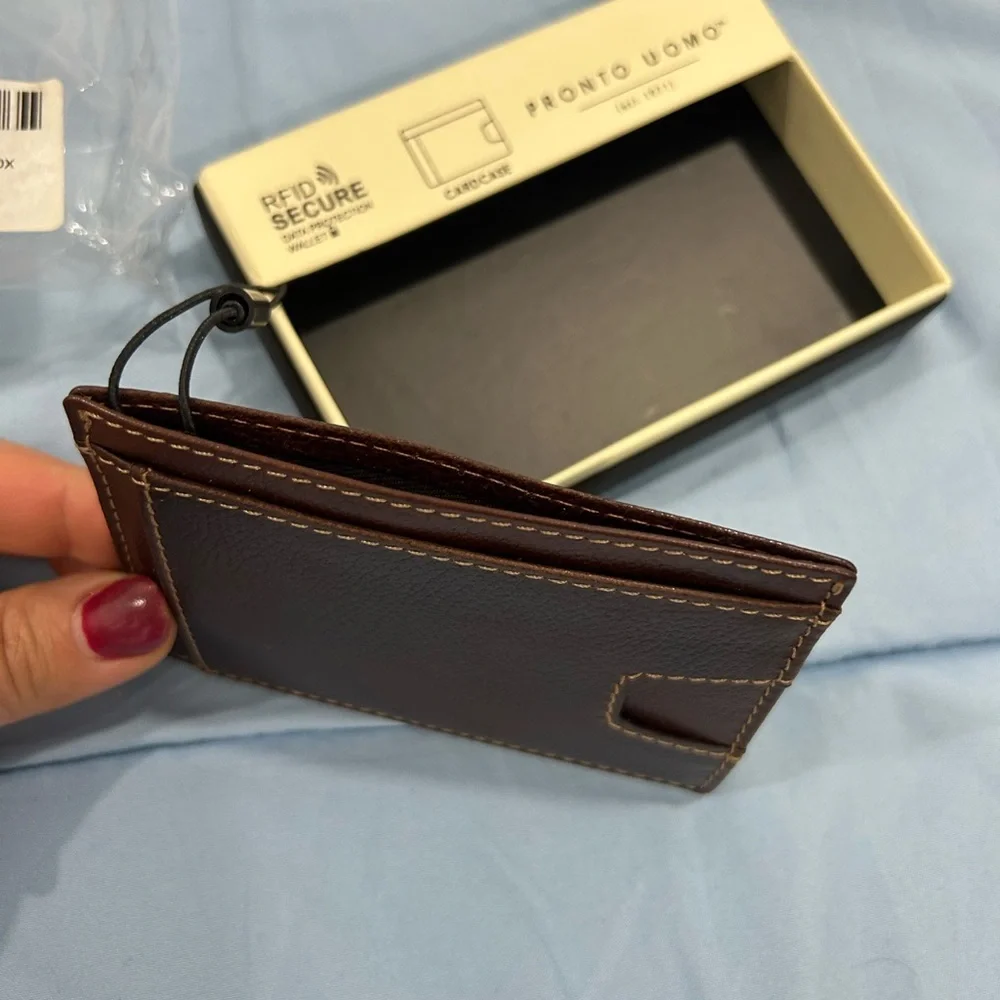 Pronto Uomo Men’s Brown Leather RFID Slim Card Holder Wallet New With Box